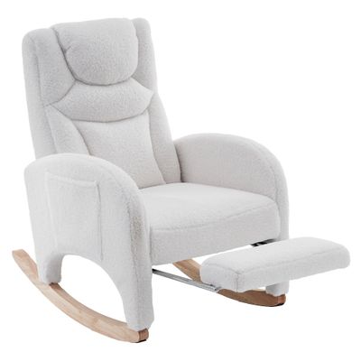 Relaxsessel, Teddy-Stoff, Schaukelstuhl, Weiss – 66L x 96–125,5B x 99H cm, 110 kg