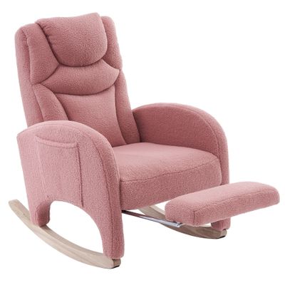 Schaukelstuhl/Relaxsessel, Teddy‑Stoff, Rosa – 66L x 96–125,5B x 99H cm, 110 kg