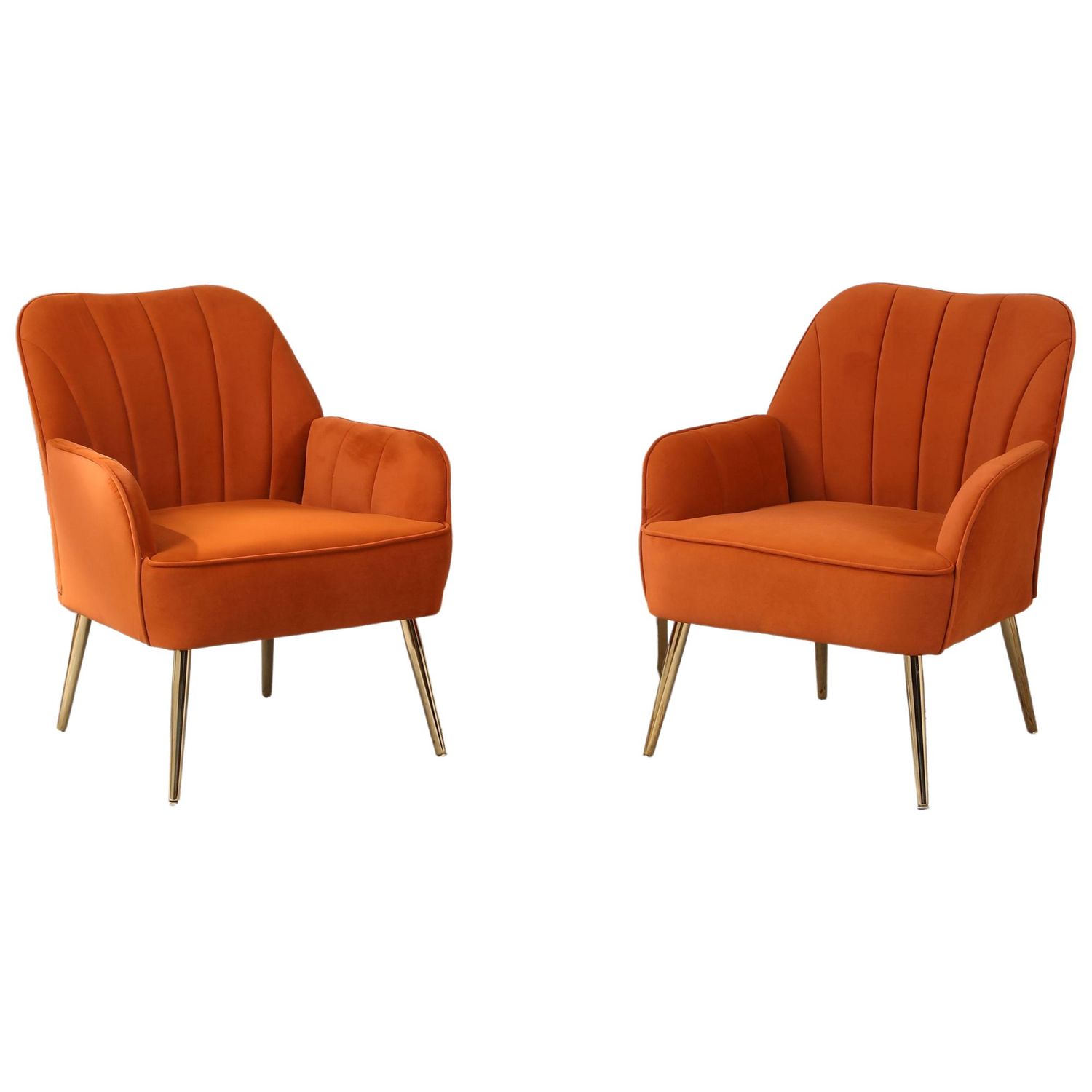 2er‑Set Sessel in Samtoptik, ergonomisch, Orange – goldene Metallfüsse, 64 x 72,8 x 77,9 cm, 136 kg