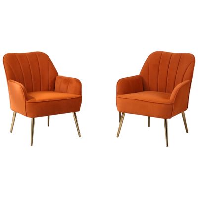 2er‑Set Sessel in Samtoptik, ergonomisch, Orange – goldene Metallfüsse, 64 x 72,8 x 77,9 cm, 136 kg
