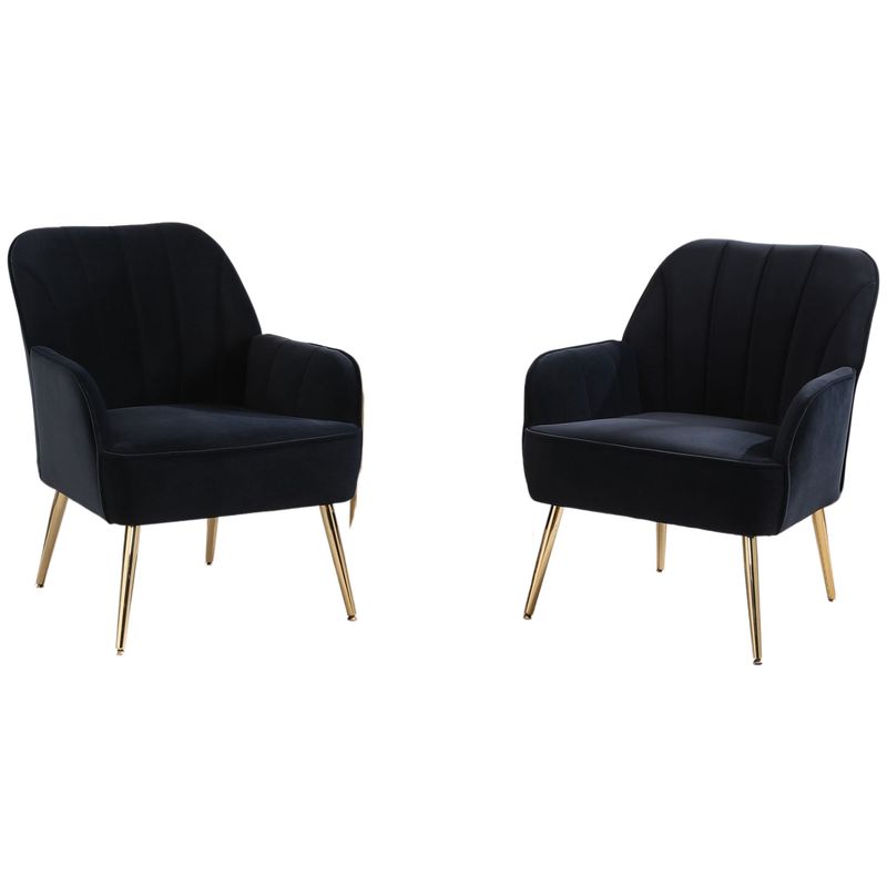 2er‑Set Sessel in Samtoptik, ergonomisch, Schwarz – goldene Metallfüsse, 64 x 72,8 x 77,9 cm, 136 kg
