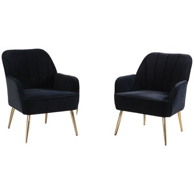 2er‑Set Sessel in Samtoptik, ergonomisch, Schwarz – goldene Metallfüsse, 64 x 72,8 x 77,9 cm, 136 kg