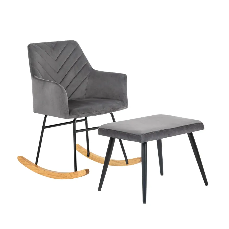 Schaukelstuhl mit Fusshocker, Grau – Kautschukholzgestell, ergonomisch, 56,5 x 44 x 84 cm, 100 kg