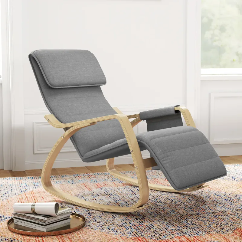 Relax‑Schaukelstuhl/Stillstuhl mit verstellbarem Fusshocker, Seitentasche & Kopfpolster, Grau – 67B x 110T x 91H cm