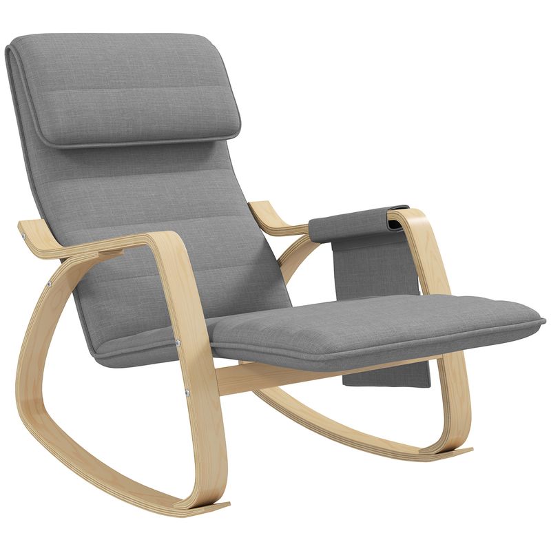 Relax‑Schaukelstuhl/Stillstuhl mit verstellbarem Fusshocker, Seitentasche &amp; Kopfpolster, Grau – 67B x 110T x 91H cm