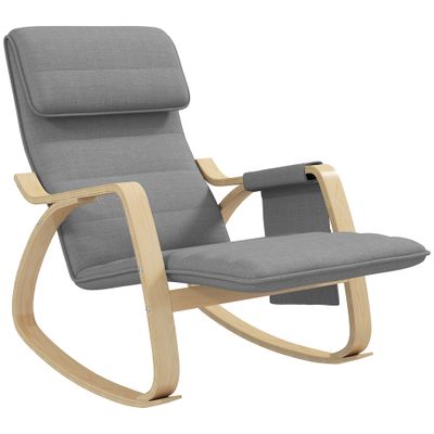 Relax‑Schaukelstuhl/Stillstuhl mit verstellbarem Fusshocker, Seitentasche &amp; Kopfpolster, Grau – 67B x 110T x 91H cm