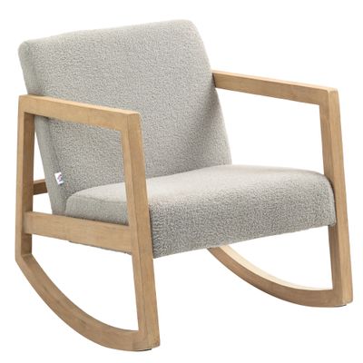 Schaukelstuhl aus Wollbouclé‑Stoff, Kautschukholzbeine, Grau – 60B x 81T x 71H cm, 150 kg