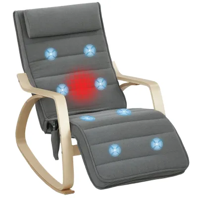 Massage‑Schaukelstuhl, Lendenheizung (3 Modi), verstellbare Fussstütze, Grau – 8‑Punkt‑Massage, 67B x 106T x 92H cm
