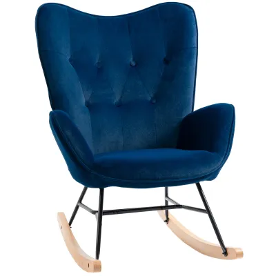 chaukelstuhl mit Steppung, Samtoptik &amp; Holzkufen, Blau – Metallgestell, 65L x 70B x 96H cm, 150 kg