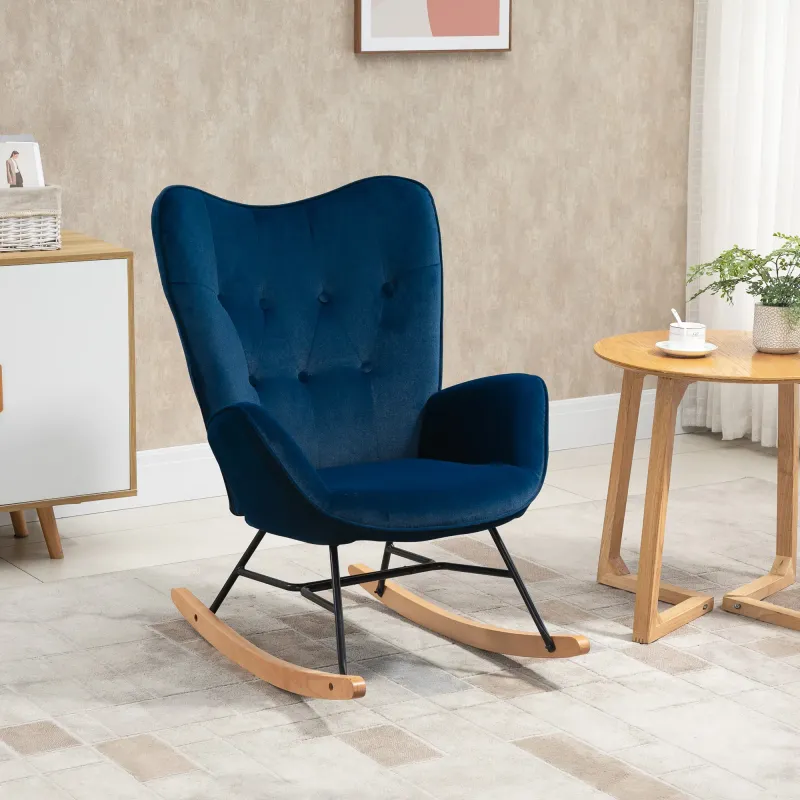 chaukelstuhl mit Steppung, Samtoptik & Holzkufen, Blau – Metallgestell, 65L x 70B x 96H cm, 150 kg