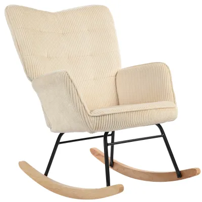 Vintage Schaukelstuhl, Beige – geschwungene Kufen, dick gepolstert, Buchenholz &amp; Stahl, 98T x 71B x 101H cm, 120 kg