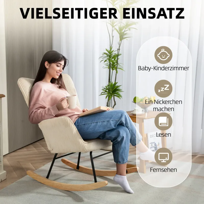 Vintage Schaukelstuhl, Beige – geschwungene Kufen, dick gepolstert, Buchenholz & Stahl, 98T x 71B x 101H cm, 120 kg