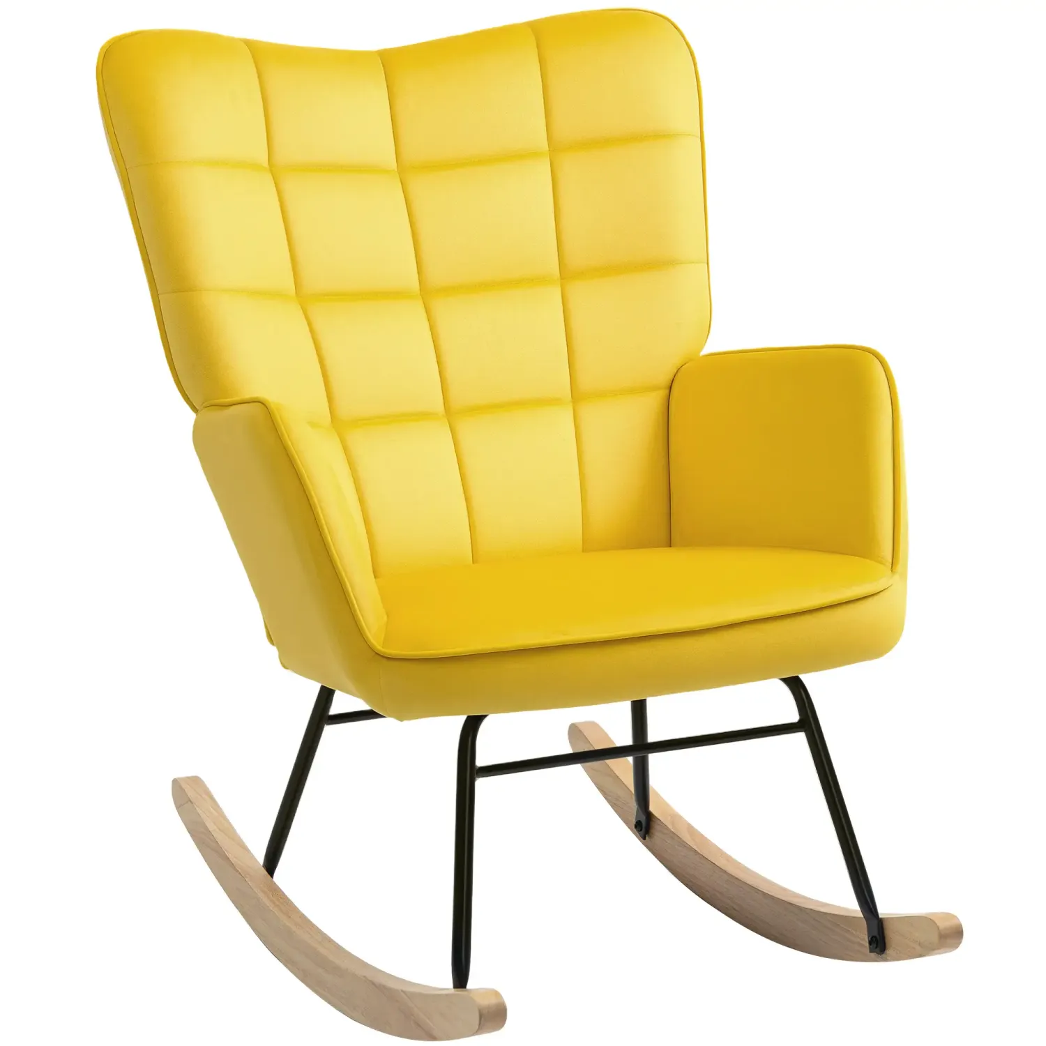 Schaukelstuhl mit Samtbezug, Stahlgestell &amp; Holzbasis, Gelb – 71 x 98 x 101 cm, 120 kg
