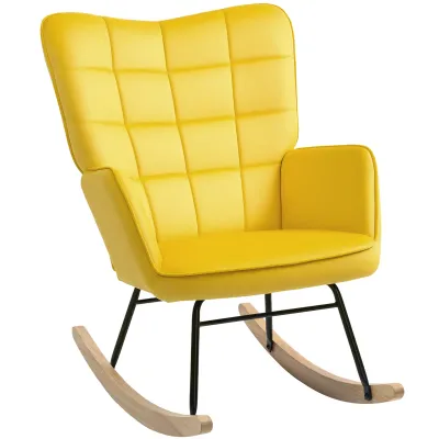 Schaukelstuhl mit Samtbezug, Stahlgestell &amp; Holzbasis, Gelb – 71 x 98 x 101 cm, 120 kg