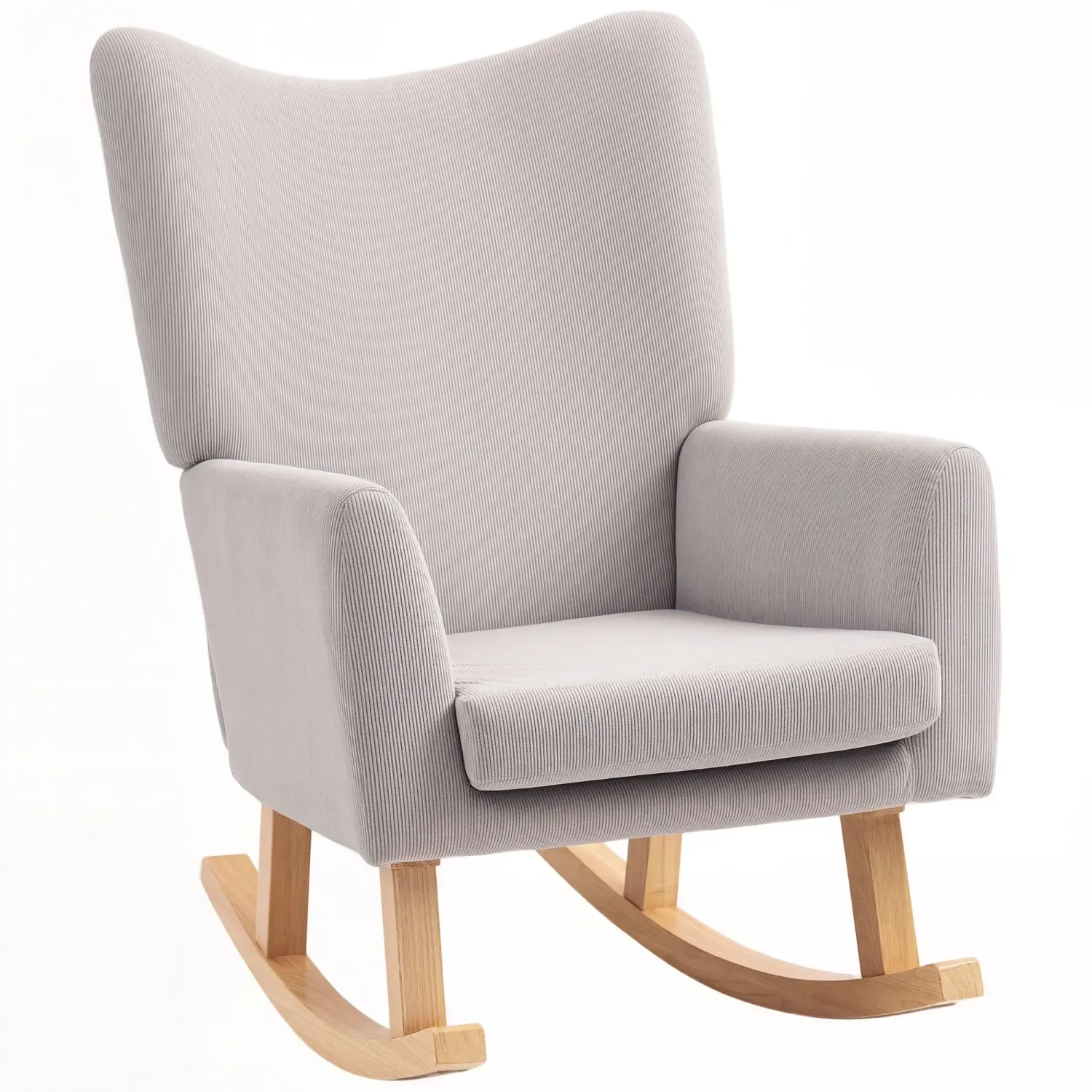 Schaukelstuhl im Retro‑Design, Cordbezug, Kautschukholz, Hellgrau – 72B x 97T x 100H cm, 120 kg