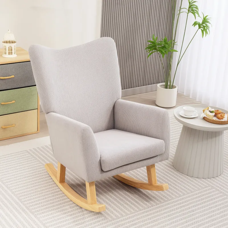 Schaukelstuhl im Retro‑Design, Cordbezug, Kautschukholz, Hellgrau – 72B x 97T x 100H cm, 120 kg