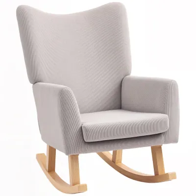 Schaukelstuhl im Retro‑Design, Cordbezug, Kautschukholz, Hellgrau – 72B x 97T x 100H cm, 120 kg