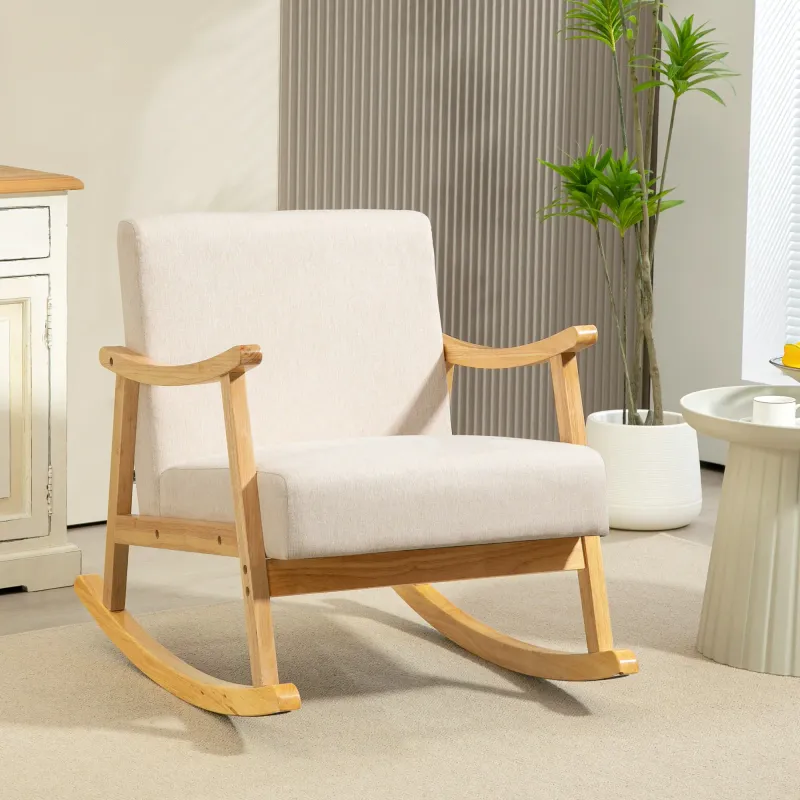 Schaukelstuhl mit Sitzkissen, Holzbeine, Beige – 66B x 92T x 78H cm, 120 kg