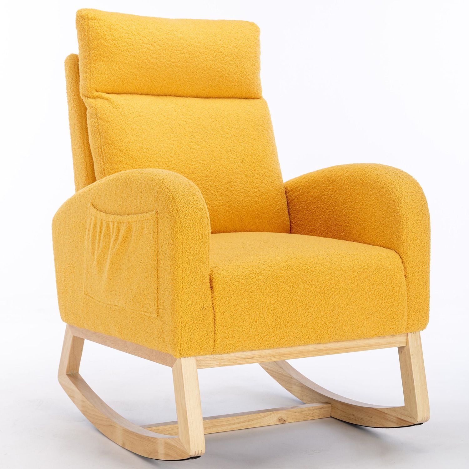 Moderner Schaukelstuhl aus Teddy‑Stoff, versteckte Seitentasche, Gelb – 71 x 88 x 104,5 cm, 120 kg