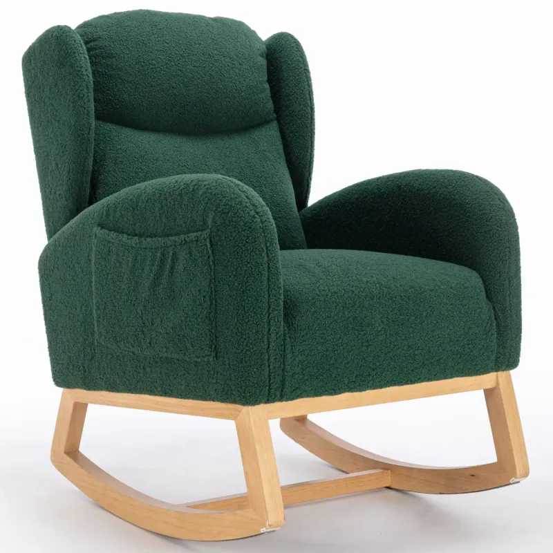 Moderner Schaukelstuhl, Teddy‑Stoff, Wingback‑Design, Grün – 71L x 96,5B x 101H cm, 110 kg
