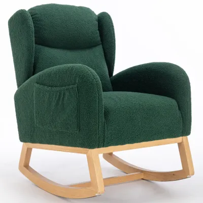 Moderner Schaukelstuhl, Teddy‑Stoff, Wingback‑Design, Grün – 71L x 96,5B x 101H cm, 110 kg