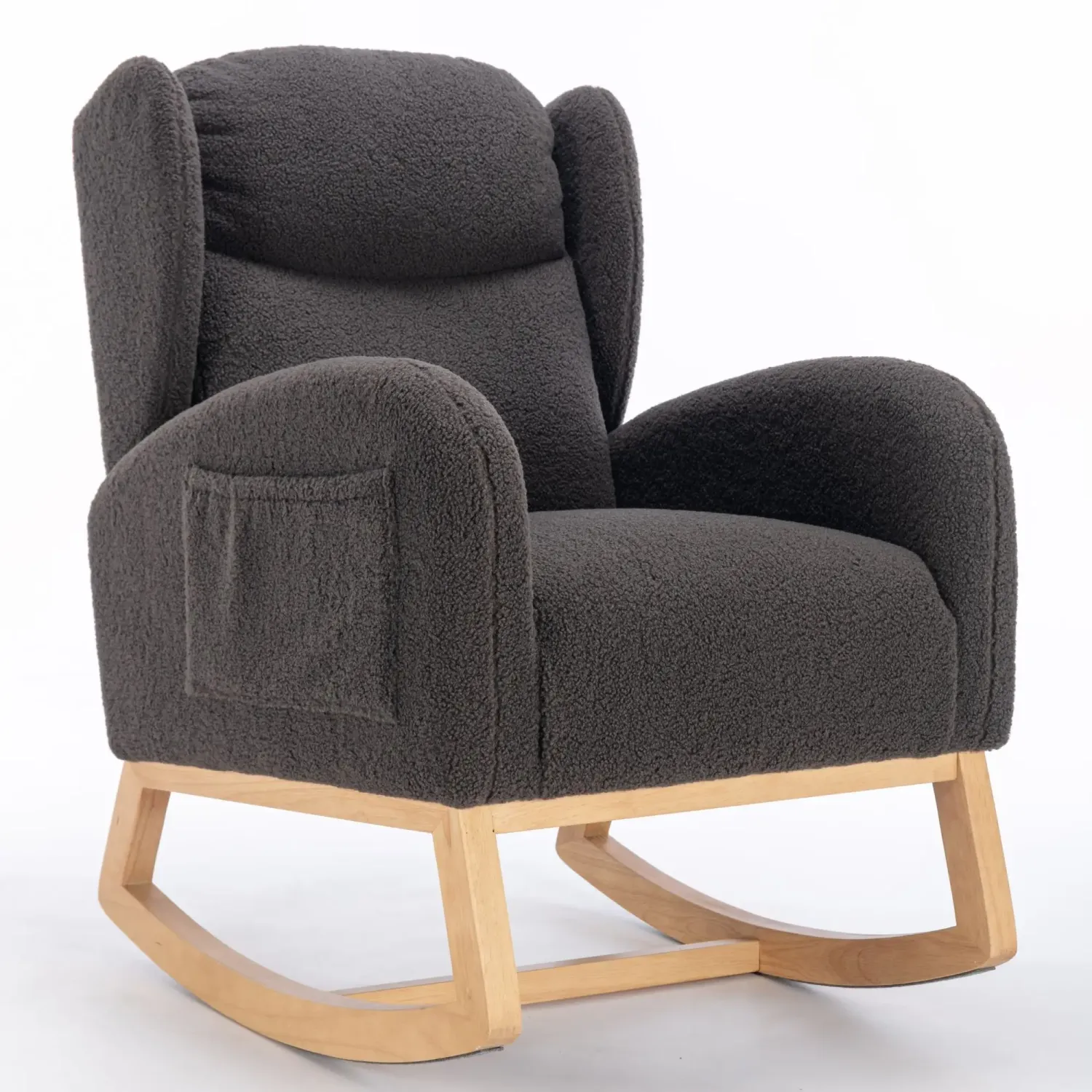Moderner Schaukelstuhl, Teddy‑Stoff, Wingback‑Design, Dunkelgrau – 71L x 96,5B x 101H cm, 110 kg