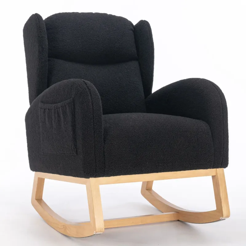 Moderner Schaukelstuhl, Teddy‑Stoff, Wingback‑Design, Schwarz – 71L x 96,5B x 101H cm, 110 kg