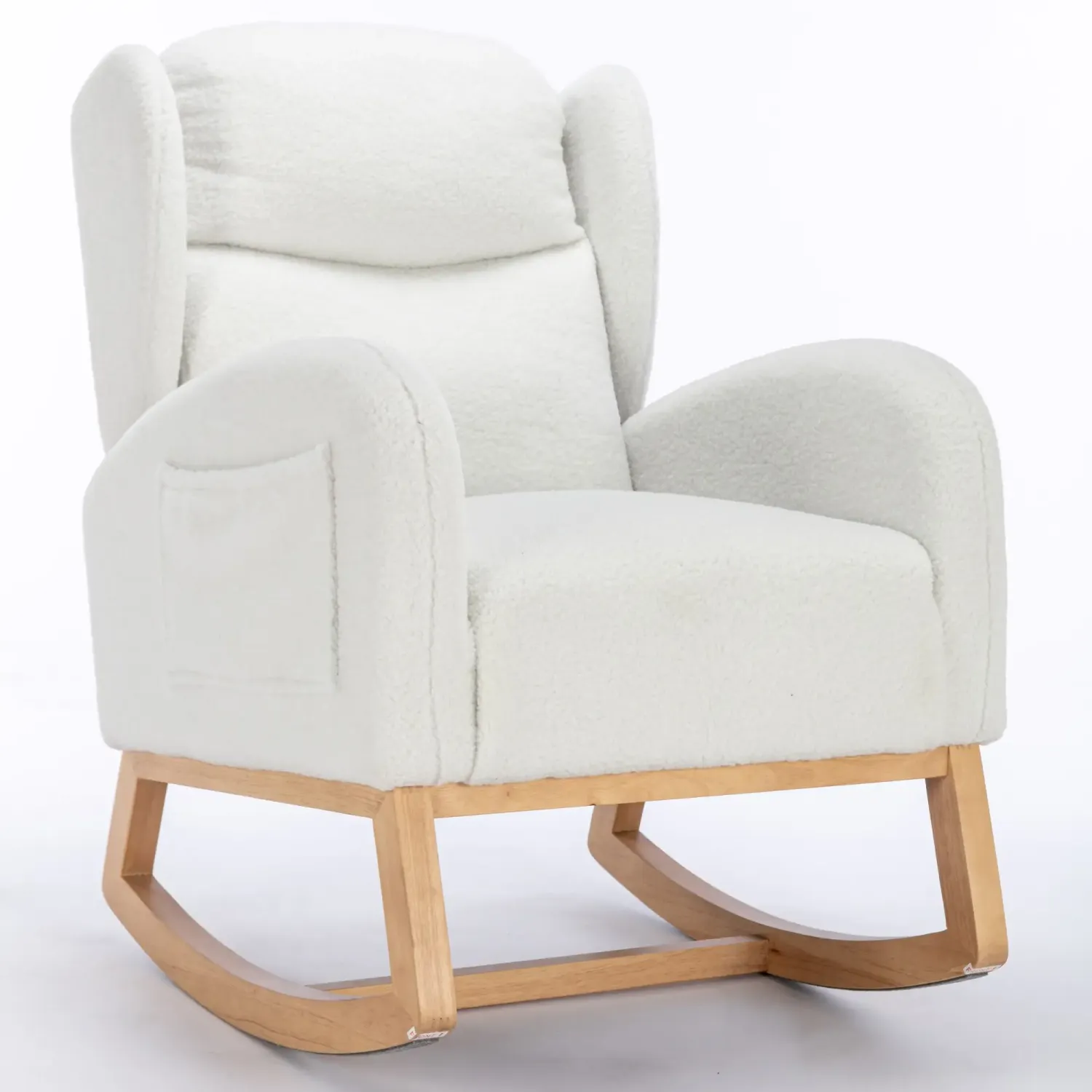 Moderner Schaukelstuhl, Teddy‑Stoff, Wingback‑Design, Weiss – 71L x 96,5B x 101H cm, 110 kg