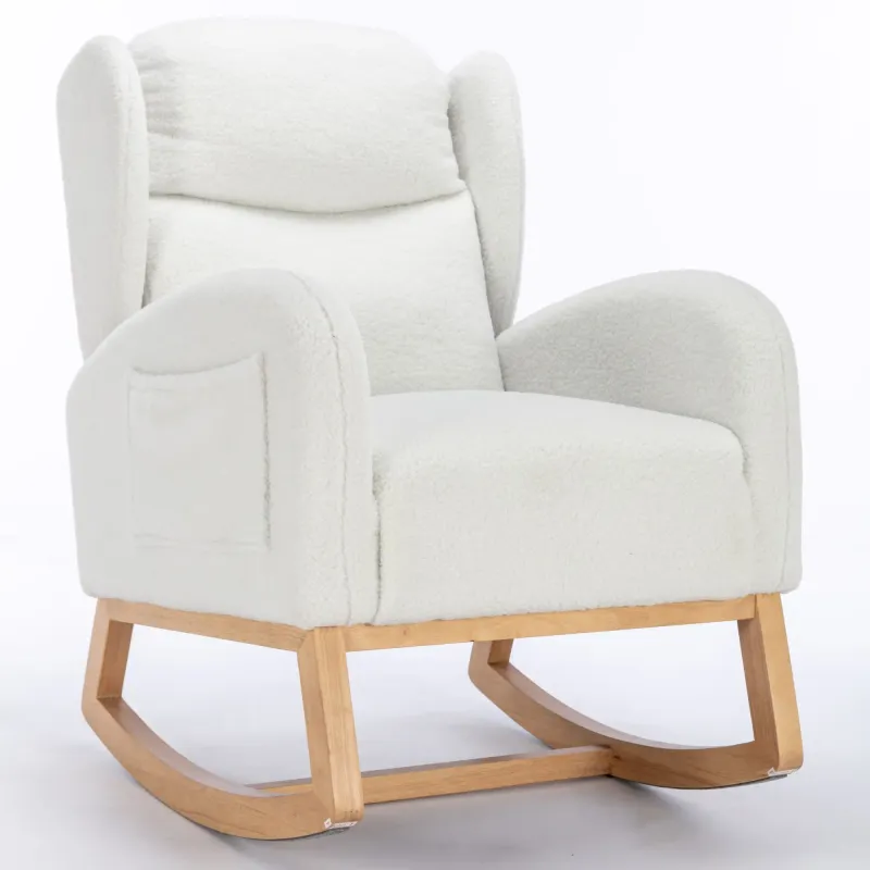 Moderner Schaukelstuhl, Teddy‑Stoff, Wingback‑Design, Weiss – 71L x 96,5B x 101H cm, 110 kg