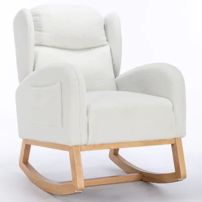 Moderner Schaukelstuhl, Teddy‑Stoff, Wingback‑Design, Weiss – 71L x 96,5B x 101H cm, 110 kg