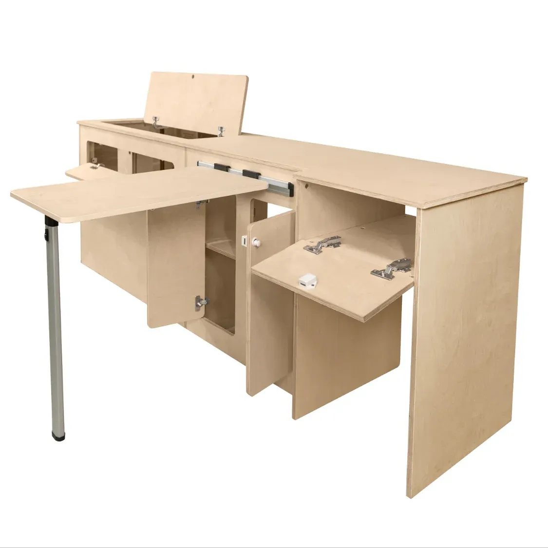 Wohnmobil‑Küchenzeile aus 15 mm Birkensperrholz – Klapptisch, Stauraum, KuKoo‑Kühlschrankfach, passend für VW T5/T6 SWB