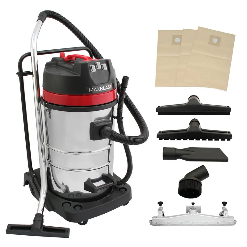 80 L Industrie‑Nass-/Trockensauger, 3000 W – 5 Aufsätze, 3 Beutel, 106 l/s Luftstrom, Edelstahl