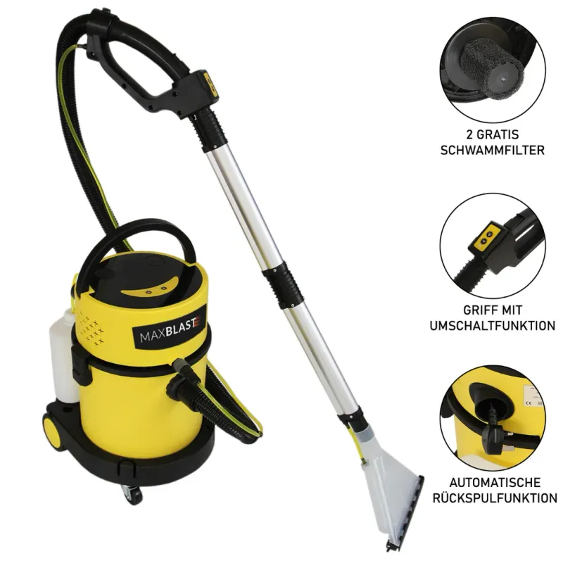 3‑in‑1 Shampoo Nass‑/Trockensauger, 20 L – 1200 W, HEPA, Kabel‑Rückspulung, Zubehör‑Set