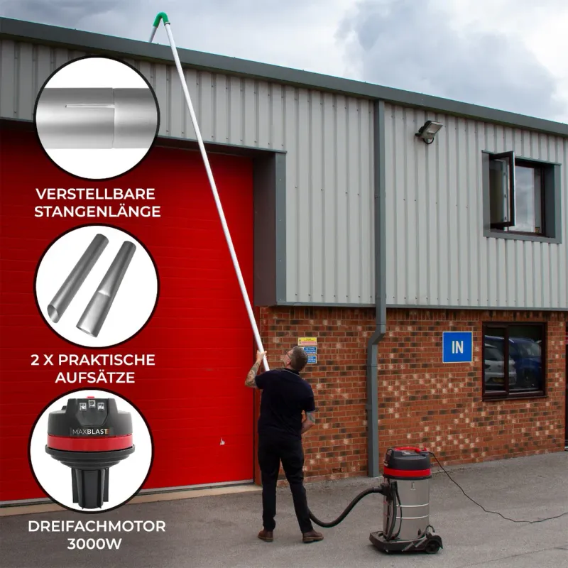 Saugstangen‑Kit für Dachrinnen + 80 L Nass‑/Trockensauger – 3000 W, Reichweite 1,2–7,2 m, Ø 51 mm