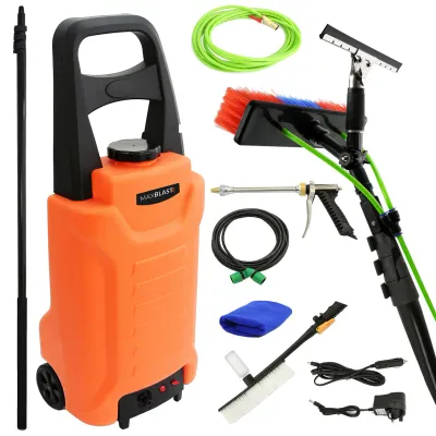 Fensterreinigungs‑Set: 6,14 m wasserführende Teleskopstange + 30 L Wasserwagen + 3‑Wege‑Adapter