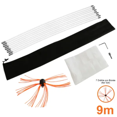 Bohrer‑Cheminée-Schornsteinbürste 9 m – flexibles Kaminreinigungs‑Set, Nylonstäbe, Bürstenkopf, Adapter,
