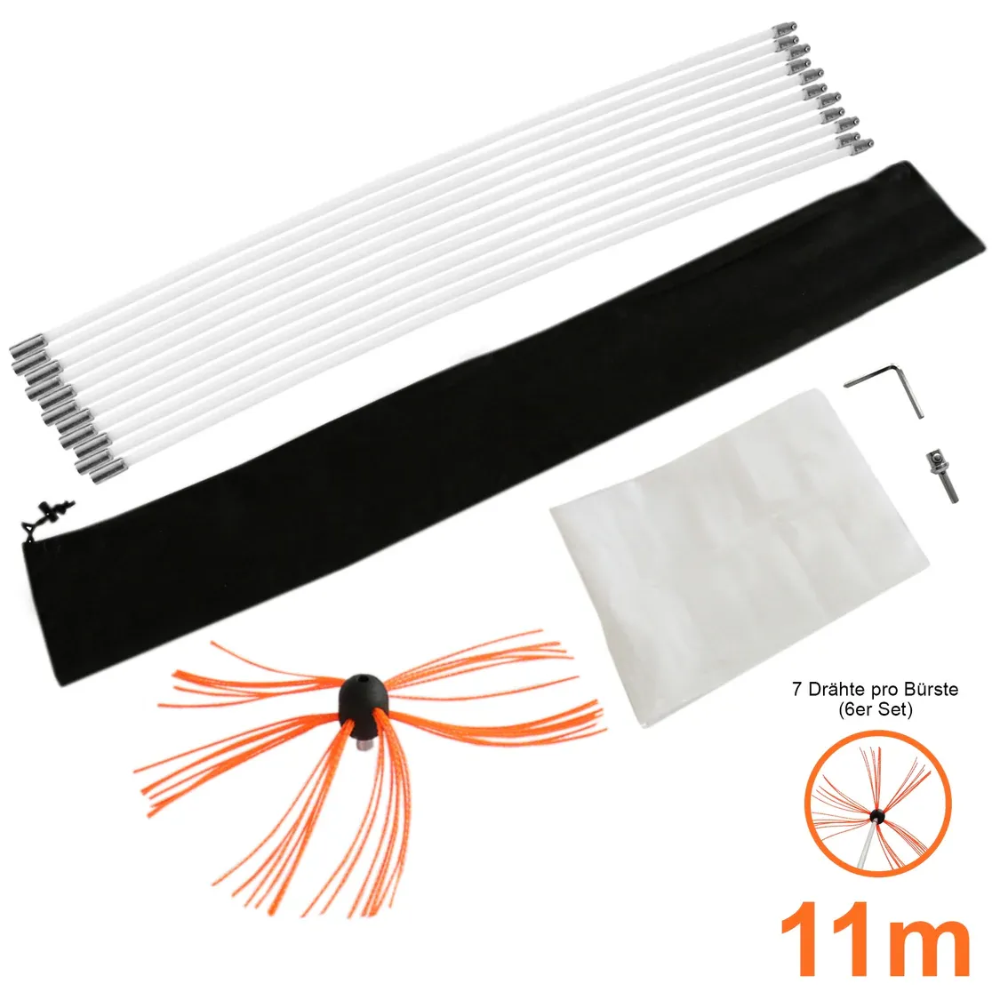 Bohrer‑Cheminée-Schornsteinbürste 11 m – flexibles Kaminreinigungs‑Set, Nylonstäbe, Bürstenkopf, Adapter,