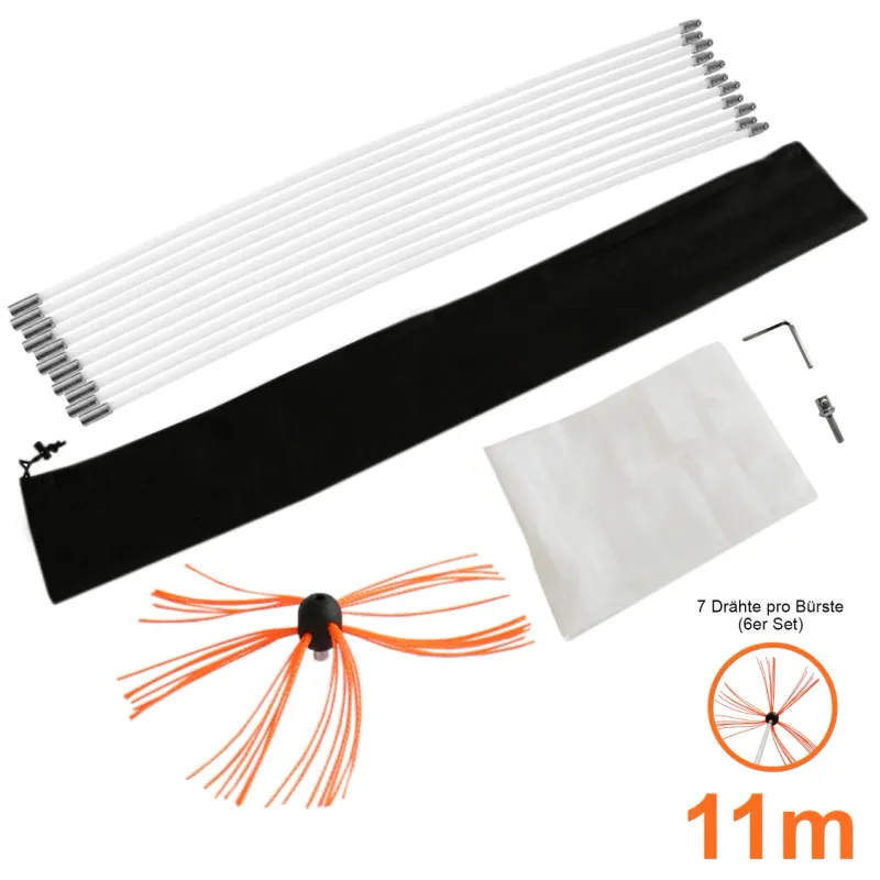 Bohrer‑Cheminée-Schornsteinbürste 11 m – flexibles Kaminreinigungs‑Set, Nylonstäbe, Bürstenkopf, Adapter,