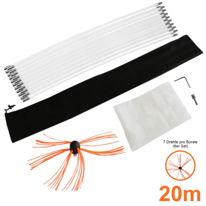 Bohrer‑Cheminée-Schornsteinbürste 20 m – flexibles Kaminreinigungs‑Set, Nylonstäbe, Bürstenkopf, Adapter,