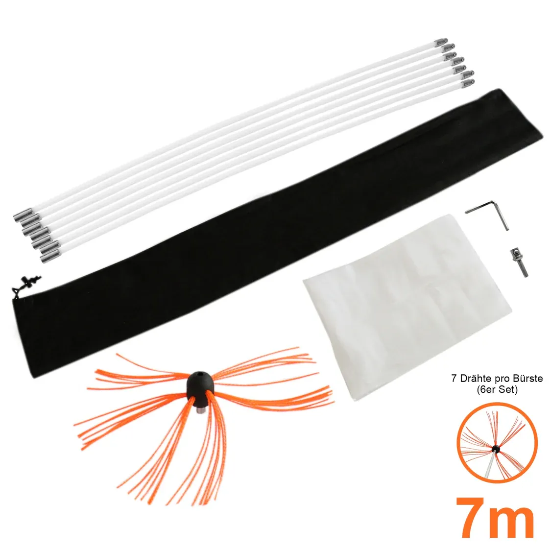 Bohrer‑Cheminée-Schornsteinbürste 7 m – flexibles Kaminreinigungs‑Set, Nylonstäbe, Bürstenkopf, Adapter,