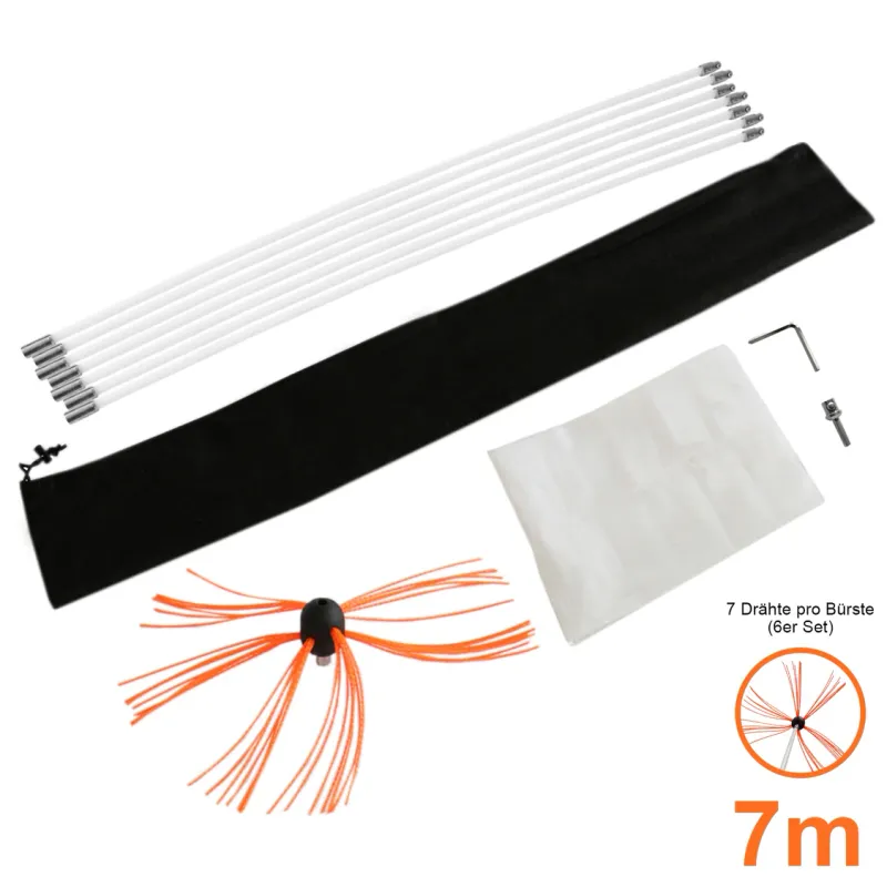 Bohrer‑Cheminée-Schornsteinbürste 7 m – flexibles Kaminreinigungs‑Set, Nylonstäbe, Bürstenkopf, Adapter,
