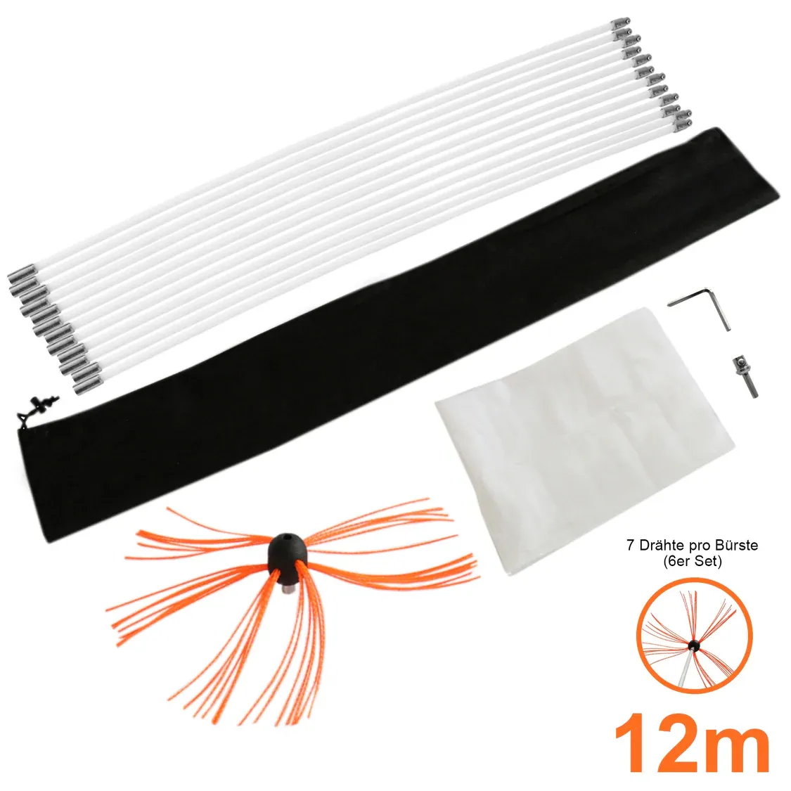 Bohrer‑Cheminée-Schornsteinbürste 12 m – flexibles Kaminreinigungs‑Set, Nylonstäbe, Bürstenkopf, Adapter,