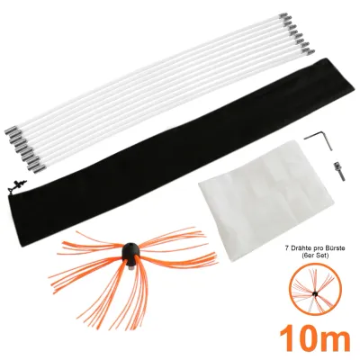 Bohrer‑Cheminée-Schornsteinbürste 10 m – flexibles Kaminreinigungs‑Set, Nylonstäbe, Bürstenkopf, Adapter,