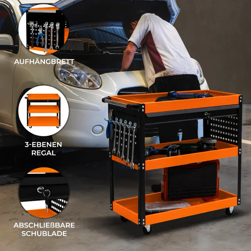 Werkstattwagen, 3 Ebenen, abschliessbare Schublade – Stahl, 150 kg gesamt, 81,4 x 36,4 x 79 cm, Orange