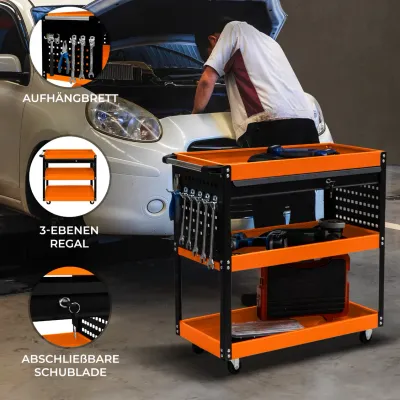 Werkstattwagen, 3 Ebenen, abschliessbare Schublade – Stahl, 150 kg gesamt, 81,4 x 36,4 x 79 cm, Orange