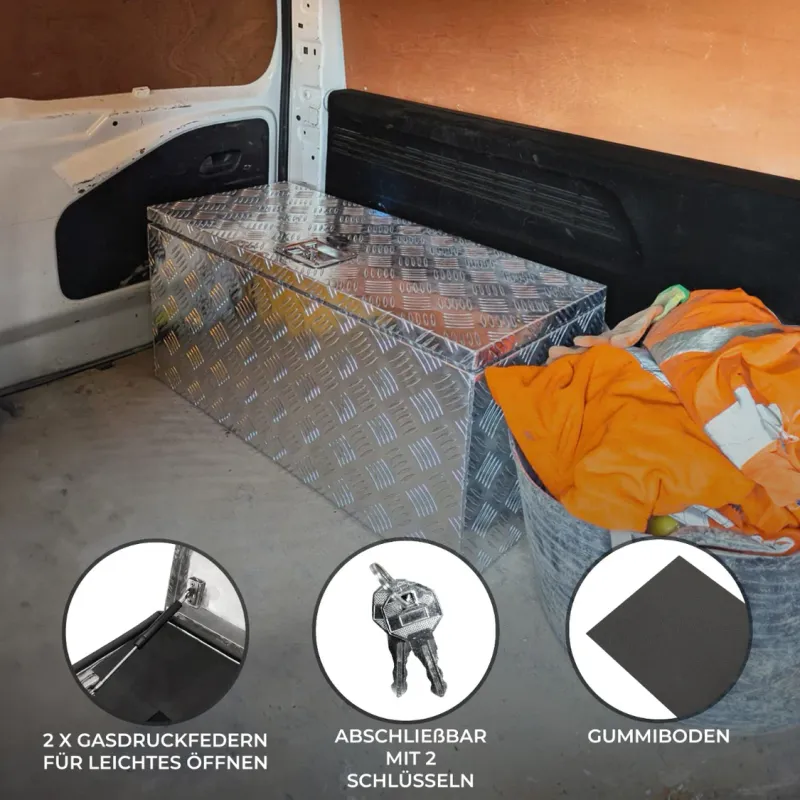 Aluminium‑Werkzeugkasten 102 L – abschliessbar, wasserdicht, Rautenblech, Gasdruckfedern, 81 x 35 x 37 cm
