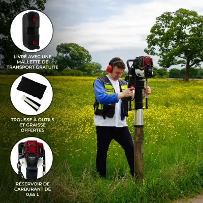 4‑Takt Benzin‑Pfahlramme – 37,7 cm³, bis 55,6 J Schlagenergie, 700–1350 U/min, inkl. 4 Aufsätze &amp; Koffer