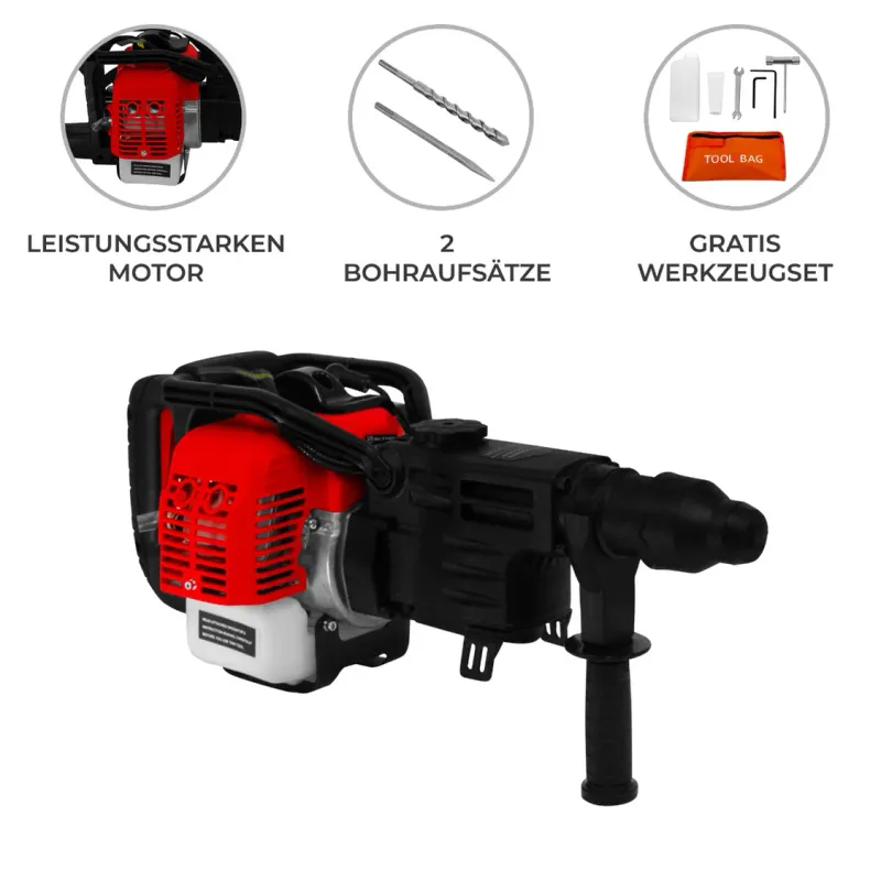 2‑Takt Benzin‑Schlagbohrer – 0,9 kW, 32,6 cm³, Bohren & Meisseln, kabellos, inkl. Meissel/Bohrer