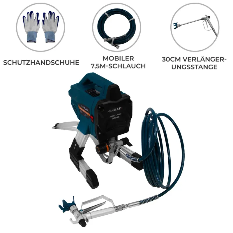 Airless Farbsprühgerät 650 W – 2900 PSI, 1,4 L/Min, 7,5 m Schlauch, 0,43 mm Düse, Verlängerungsstab