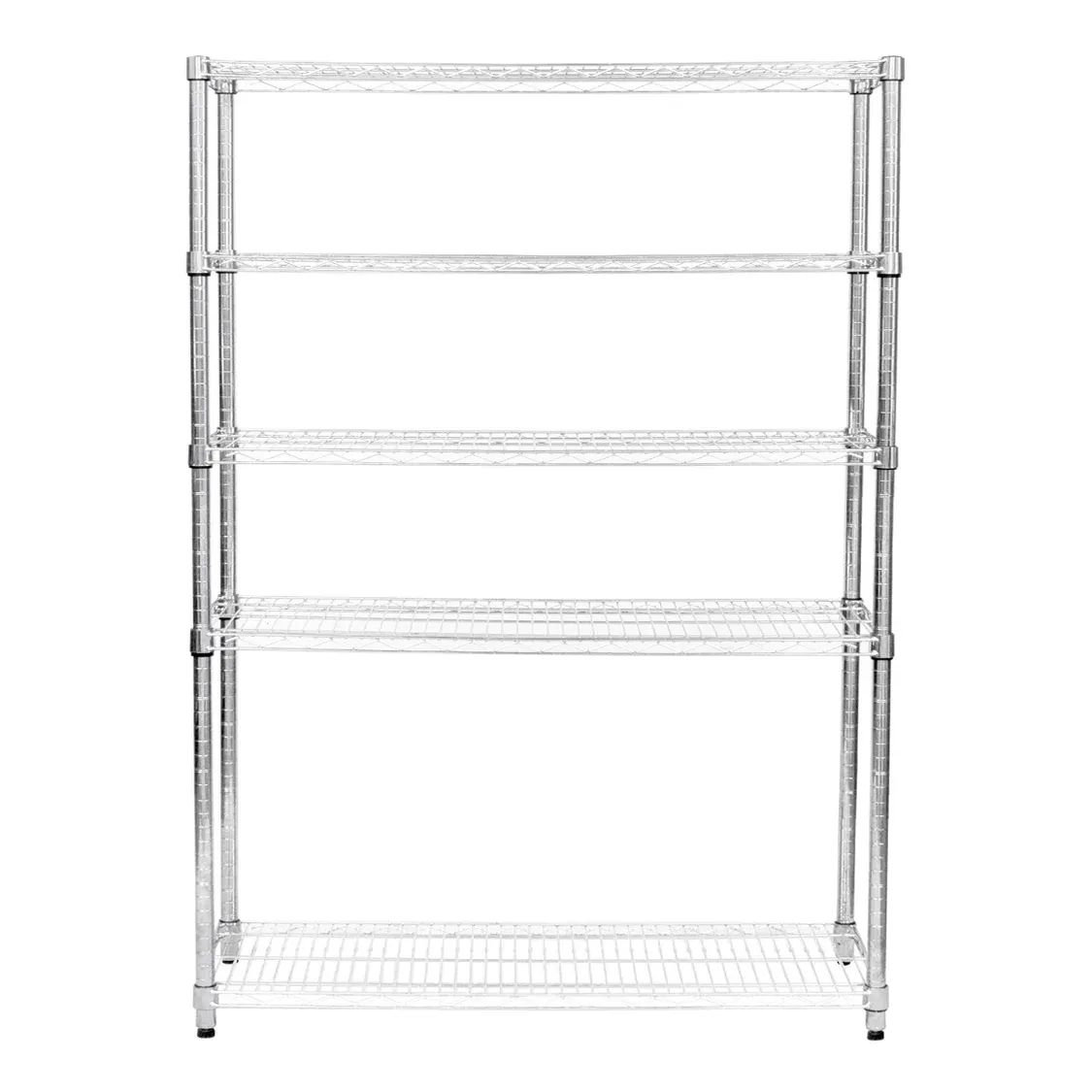 5‑stufiges Drahtregal, 150 x 45 x 180 cm – verchromter Stahl, 1000 kg gesamt, höhenverstellbar, verstellbare Füsse